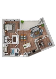 A top-down view of a small apartment layout with a kitchen, living room, and bathroom.