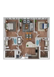 A top-down view of a well-organized apartment with a kitchen, living room, and bathroom.