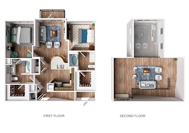 A diagram showing the layout of a two-story apartment.