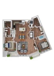 A top-down view of a house layout with a kitchen, living room, dining area, and bathrooms.