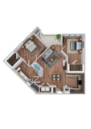 A top-down view of a house layout with a living room, kitchen, and two bedrooms.