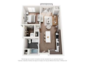 A 3D floor plan of a small apartment with a kitchen, living room, and bathroom.