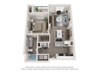 a stylized floor plan of a 1 bedroom floor plan