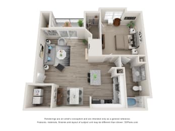 a stylized floor plan with a bedroom and a living room