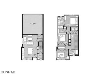 A floor plan of a house with two bedrooms and a garage.