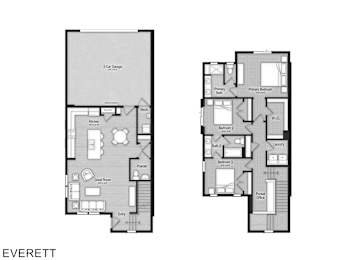A floor plan of an apartment named Everett showing two bedrooms, a living room, a kitchen, a bathroom, and a garage.
