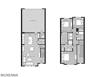 A floor plan of a house named MCKENNA is shown with two bedrooms, a bathroom, a powder room, a storage space, a great room with a kitchen and a dining table, and an entry.