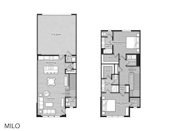 A floor plan of a two-bedroom apartment with a kitchen and living room.