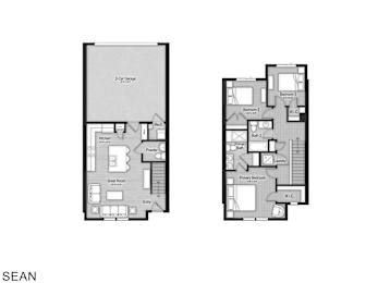 A floor plan of a two-bedroom apartment with a kitchen, living room, and bathroom.