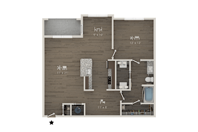 A floor plan of a house with a kitchen, living room, and bathroom.