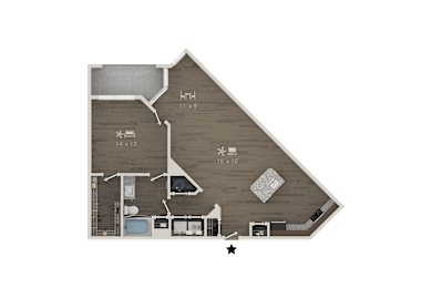 A floor plan of a house with a kitchen, living room, and two bedrooms.