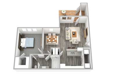 A 3D floor plan of a small apartment with a kitchen, living room, and bathroom.
