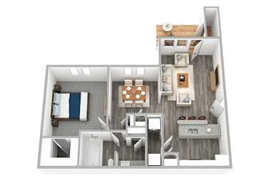 A 3D floor plan of a small apartment with a kitchen, living room, and bedroom.