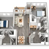 A 3D floor plan of a house with a kitchen, living room, and staircase.