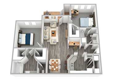 A 3D floor plan of a house with multiple rooms and furniture.