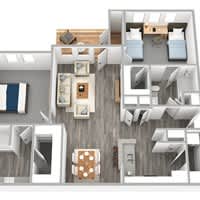A 3D floor plan of a house with a kitchen, living room, and two bedrooms.