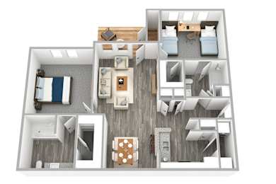 A 3D floor plan of a house with multiple bedrooms and bathrooms.