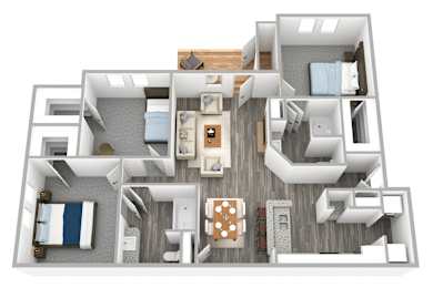 A 3D floor plan of a house with multiple rooms and furniture.