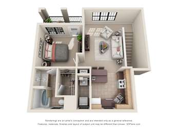 A 3D floor plan of a small apartment with a kitchen, living room, and bathroom.