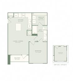 A floor plan of a one bedroom apartment with a balcony.