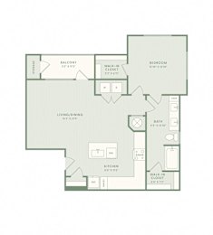 A floor plan of a house with a living room, kitchen, and two bathrooms.