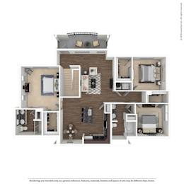 A floor plan of a two-story apartment with a living room, kitchen, and bedrooms.