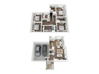 A top-down view of a house with two floors, a garage, and a living area.