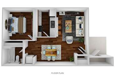 A floor plan of a small apartment with a living room, kitchen, and bathroom.