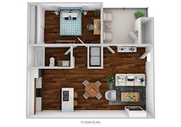A floor plan of a small apartment with a kitchen, living room, and bathroom.