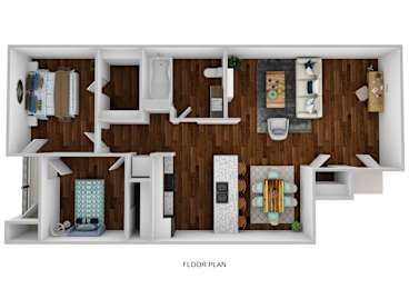 A floor plan of a house with a kitchen, living room, and bathroom.