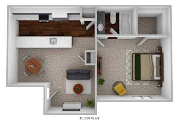 A floor plan of a small apartment with a kitchen, living room, and bathroom.