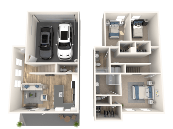 a rendering of the interior of a 3d floor plan with a car and a