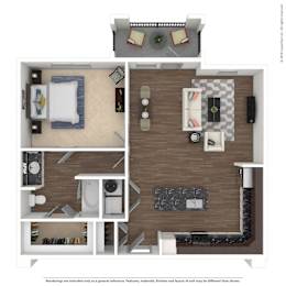 A floor plan of a small apartment with a kitchen, living room, and bathroom.