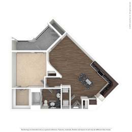 A 3D rendering of a house layout with a kitchen, living room, and bathroom.