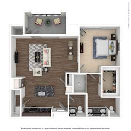 A 3D rendered image of a modern apartment layout.