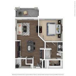 A floor plan of a small apartment with a bedroom, living room, and bathroom.