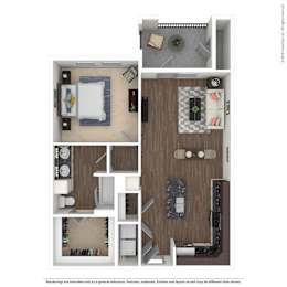 A floor plan of a small apartment with a kitchen, living room, and bedroom.