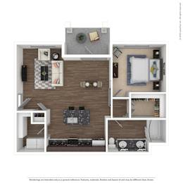 A top-down view of a room with a bed, a couch, a desk, and a chair.