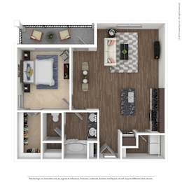 A floor plan of a small apartment with a kitchen, living room, and bathroom.