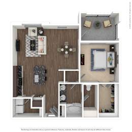 A 3D floor plan of a small apartment with a kitchen, living room, and bedroom.