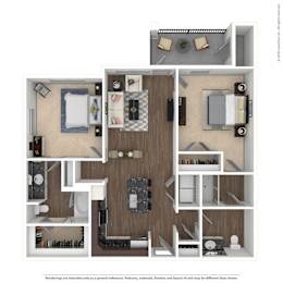 A 3D floor plan of a small apartment with a kitchen, living room, and bedroom.