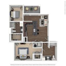 A floor plan of a small apartment with a kitchen, living room, and bedroom.