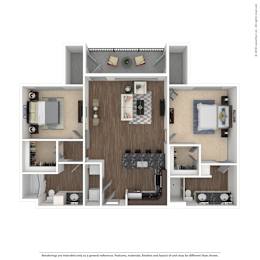 A floor plan of a house with a living room, kitchen, and two bedrooms.