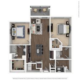 A floor plan of a small apartment with a kitchen, living room, and two bedrooms.