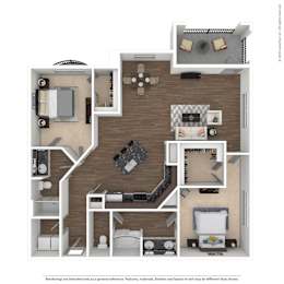 A floor plan of a house with a kitchen, living room, and two bedrooms.
