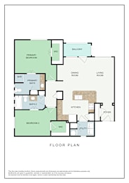 A floor plan of a house with a living room, dining room, kitchen, two bedrooms, two bathrooms, and a balcony.