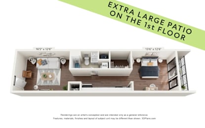 A floor plan of a house with a large patio on the first floor.