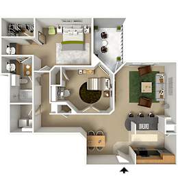 A top-down view of a house layout with a living room, kitchen, and bedrooms.