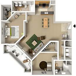 A 3D floor plan of a house with a green lawn and a brown roof.