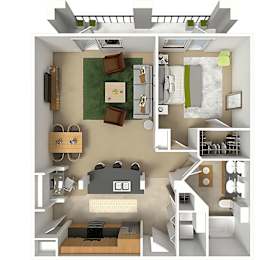 A top-down view of a small apartment with a kitchen, living room, and bedroom.